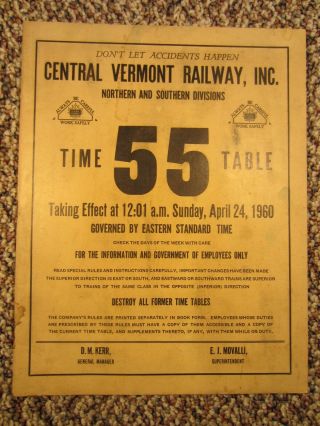 Central Vermont Railway Employee Timetable No.  55,  1960,  Cv,  Cvr,  Ett.