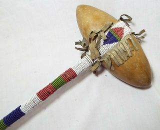 Old Antique Native American Indian Stone War Club Tomahawk Beaded Handle