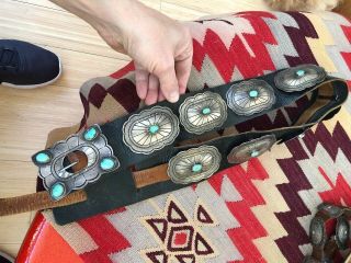 Great Signed Navajo Indian Sterling Silver & Turquoise Old Pawn Concho Belt
