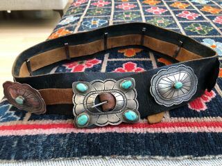 Great Signed Navajo Indian Sterling Silver & Turquoise Old Pawn Concho Belt 3