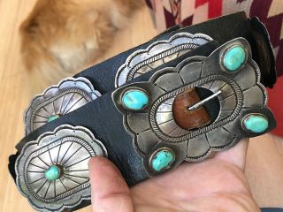 Great Signed Navajo Indian Sterling Silver & Turquoise Old Pawn Concho Belt 6