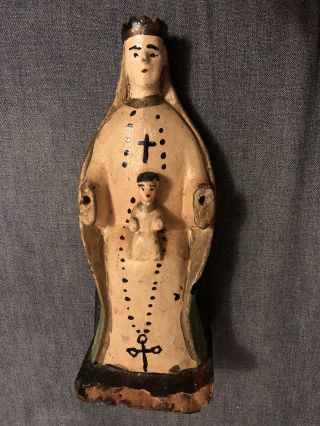 Antique Spanish Carved Wood Santos Small Statue Crowned Madonna? Mary And Child