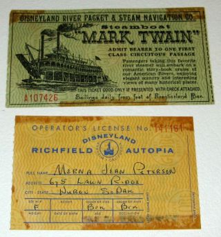 Disneyland 1950s Richfield Autopia License & Steamboat Mark Twain Walt Disney