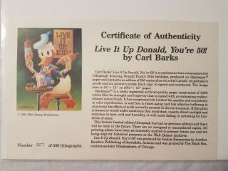 Disney Donald Duck Carl Barks Signed Litho Live it Up Donald You ' re 50 327/500 4