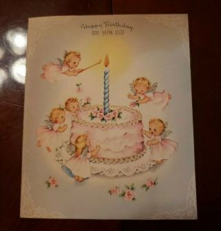Vtg Birthday Greeting Card 1st Birthday Cute Pink Angels,  Cake,  Glitter,  Candle 40s