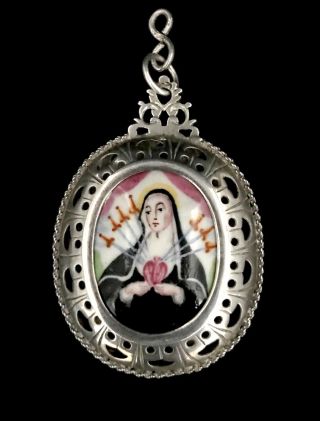 Antique Silver Enamel Virgin Mary De Los Dolores Franciscan Pendant Religious