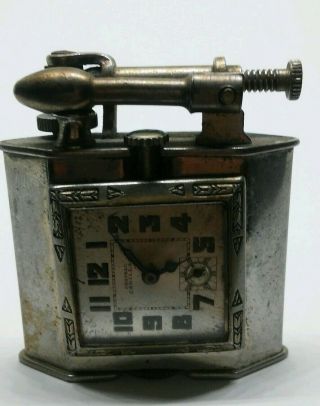 Rare Vintage Art Deco Triangle Lift Arm Cigarette Lighter With Clock