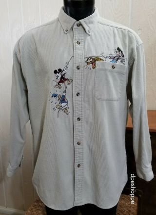 Disney Store Long Sleeve Corduroy Button Front Shirt Stitched Mickey Donald,  Lg.