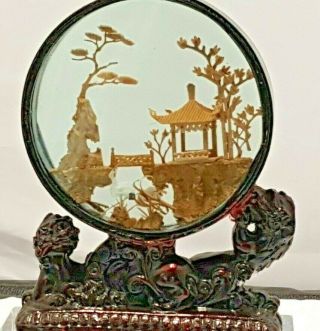 Vtg Round Chinese Cork Art Diorama Glass Shadow Box Cranes Trees Dragon Stand