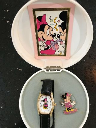 Disney Minnie Mouse Watch In A Birthday Cake Case With A Collecters Pin
