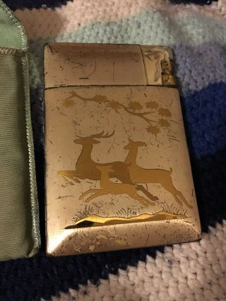Vintage Elgin Silver Cigarette Case & Lighter,  Gold Etched Deer