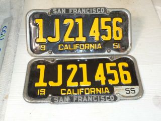 1951 - 52 - 53 - 54 - 55 California Car License Plate Pair,  S.  F Frame Dmv Ok