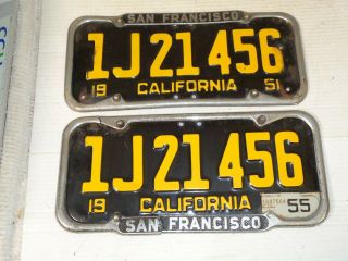 1951 - 52 - 53 - 54 - 55 California CAR license Plate pair,  S.  F FRAME DMV OK 2