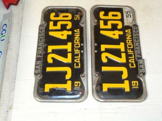 1951 - 52 - 53 - 54 - 55 California CAR license Plate pair,  S.  F FRAME DMV OK 5