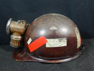 Vintage Msa Lovein Tiger Stripe Miners Helmet W/ Justrite Carbide Lamp