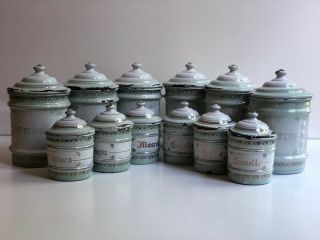 Vintage 19th Century French Enamelware Canisters.  Set Of Twelve (12)