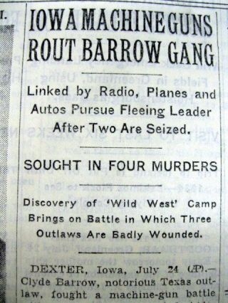 1933 Ny Times Newspaper Texas Outlaws Bonnie & Clyde Shootout W Law Dexter Iowa
