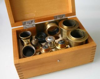 5 Microscope Brass Objectives,  Double Nose Piece,  Live Box In Fitted Wood Box