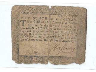 Orig.  1776 Colonial Currency Note " One Ninth Of A Dollar " Maryland 1776 Avg