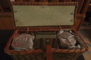 Vintage Abercrombie And Fitch Car Picnic Basket - 2 Thermos & Sandwich Canister