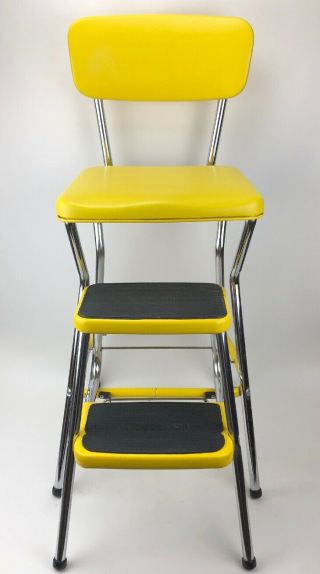 Vintage Cosco Step Stool Yellow With Chrome Legs Retractable Step Chair Kid