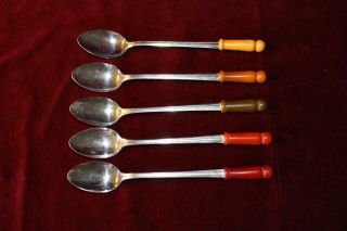Set Of (5) Vintage Bakelite Handled Chrome Spoons Circa 1930s 5 Different Colors