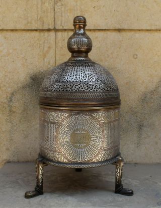 Huge Islamic Revival Mamluk Style Silver Inlaid Brass Incense Burner - Cairo Ware