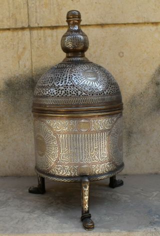HUGE Islamic revival Mamluk style silver inlaid brass incense burner - Cairo ware 2