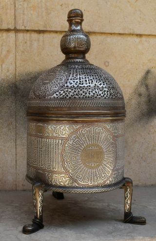 HUGE Islamic revival Mamluk style silver inlaid brass incense burner - Cairo ware 3