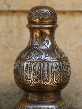 HUGE Islamic revival Mamluk style silver inlaid brass incense burner - Cairo ware 4