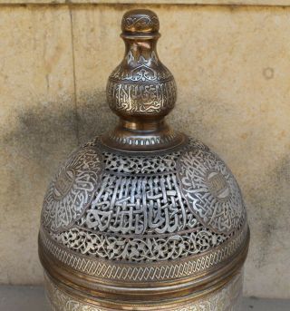 HUGE Islamic revival Mamluk style silver inlaid brass incense burner - Cairo ware 5