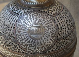 HUGE Islamic revival Mamluk style silver inlaid brass incense burner - Cairo ware 6