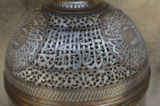 HUGE Islamic revival Mamluk style silver inlaid brass incense burner - Cairo ware 7