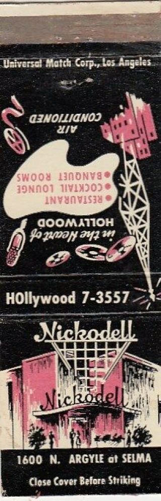Nickodell Restaurant Cocktail Lounge Record Art Hollywood Ca Vintage Matchcover