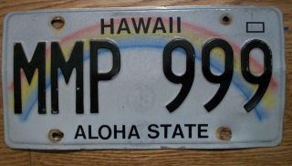 Single Hawaii License Plate - 1991 Baseplate - Mmp 999 - Rainbow - Aloha State