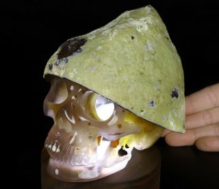 Huge 5.  7 " Agate Geode Carved Crystal Skull & Helmet Sculpture,  Crystal Healing