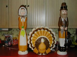 3 Union Don Featherstone Light Up Blow Mold Thanksgiving Pilgrims Turkey Decor