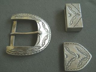 Native American Stamped Sterling Silver Pin Belt Buckle Set / Ranger Set Signed