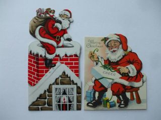 Vintage Christmas Greeting Cards Santa Claus In Chimney W Toys & Wrapping Gift