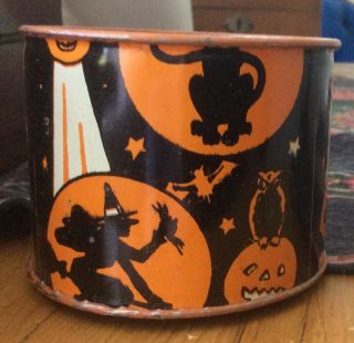 Rare Halloween Tin Shaker Noisemaker 1930’s Vintage Witch Owl Jol Bat Unusual