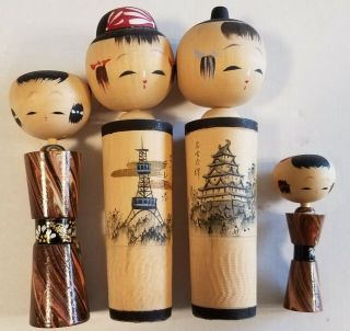 4 Vintage Japanese Kokeshi Hand Crafted Wooden Dolls 2 Adult 2 Children