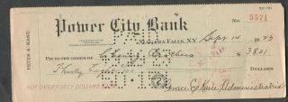 1923 Check Power City Bank Niagara Falls Ny Peter A Kane Admin To Cheney Bros