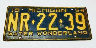 Vintage 1954 Michigan License Plate Water Wonderland Nr - 22 - 39