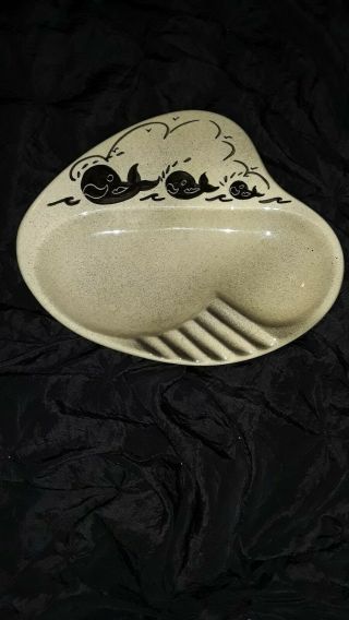 Vintage Old Spouter Nantucket Pottery Ashtray Rare 3 Whale Black And White