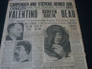 1926 August 23 Baltimore News Newspaper - Valentino Screen Sheik Dead - Nt 7311