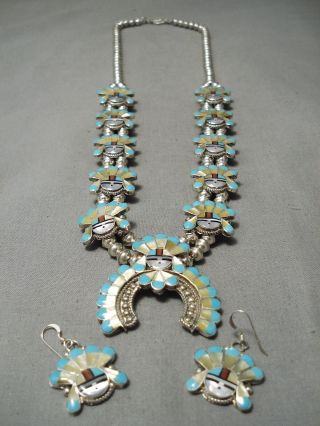 Detailed Vintage Zuni Native American Sterling Silver Squash Blossom Necklace