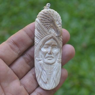 Eagle Indian Carving 80x28mm Pendant P3164 W Silver In Buffalo Bone Carved