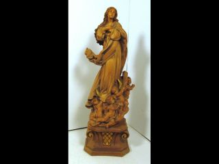 Antique Anri Catholic Wood Statue Virgin Mary Madonna Cherub Angels Assumption