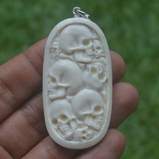 Skulls Group Carving 59x32mm Pendant P3882 With Silver In Buffalo Bone Carved