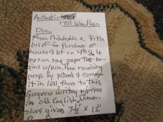 Vt William Penn 1692 Colonial Philadelphia Pennsylvania Land Title Document 1751 8
